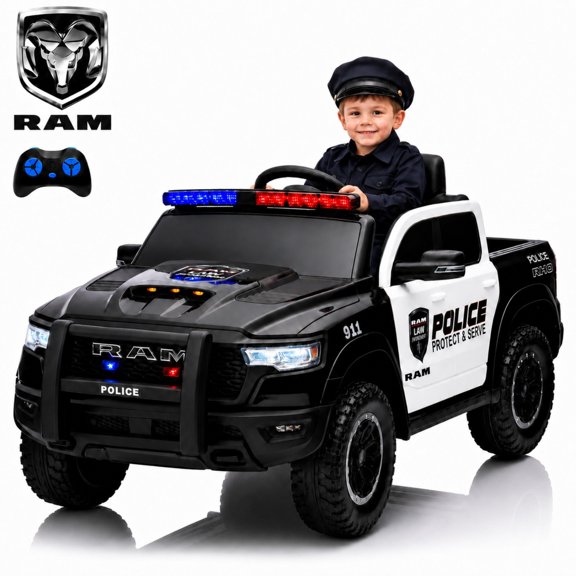 12V Ride on Truck Cars, SHINPT RAM1500 Battery Powered Ride on Toy w/ Parent Remote Control, 4-Wheel Suspension, LED Lights, Bluetooth Music,Kids Electric Ride on Car for Ages 3-6, Police Car, Black