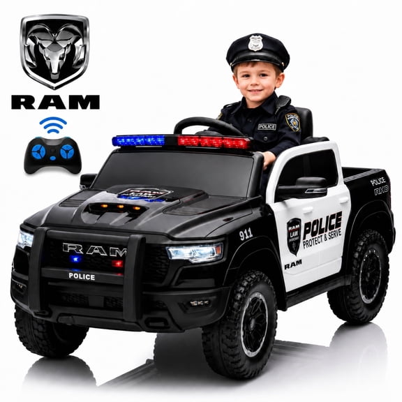 12V Police Car Ride on, SHINPT RAM1500 RHO Kids Powered Electric Car for Kids with Parent Remote Control, 4 Wheels Spring Suspension, LED Lights, Bluetooth Music, Toddler Ride on Toy for Ages 3-8