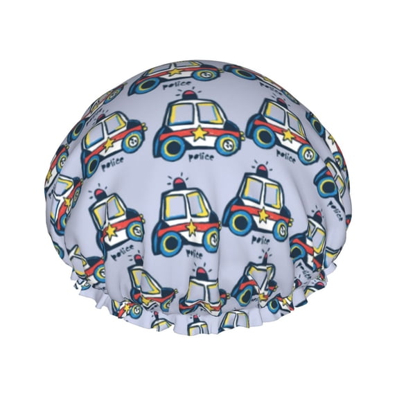 Police Car Shower Cap, Double Layers Shower Cap Rreusable Waterproof, Elastic Bathing Hair Hat for Women, Washable Hair Cap for All Hair Lengths
