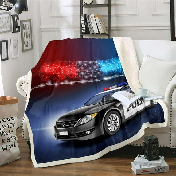 Police Car Throw Blanket Throw 50"X60",Policeman Vehicle Plush Bed Blanket for Kids Boys Children,Red Blue Cop Lights Fleece Flanket Geometric Graphics Sherpa Blanket