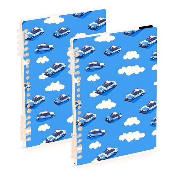 Police Cars and Cloud Pattern A5 Notebook Set of 2 Refillable 60 Sheets Detachable Ring Binder PP Cover Journal