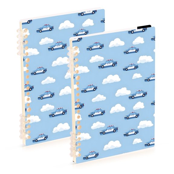 Police Cars and Cloud Pattern A5 Notebook Set of 2 Refillable 60 Sheets Detachable Ring Binder PP Cover Journal