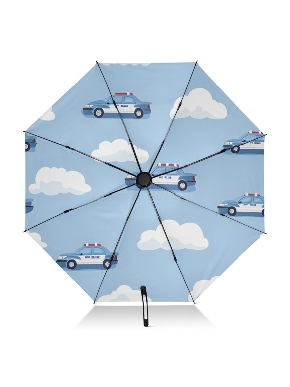 Police Cars and Cloud Pattern Umbrella Folding Sun Umbrella Travel Auto Open Close Large UV50+ 40in