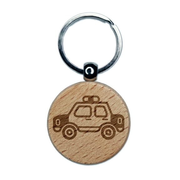 Police Cop Car Vehicle Automobile Round Keychain Charm Tag - Engraved Wood