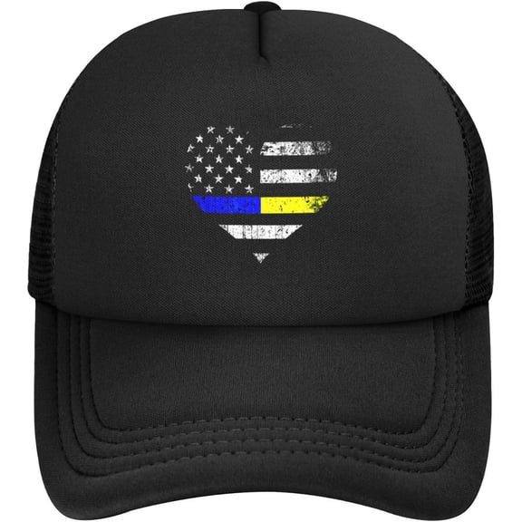 Police Dispatcher Gift - Thin Blue Gold Line Flag Heart Mesh Baseball Cap Dad Hat Trucker Hat for Women Men,Black