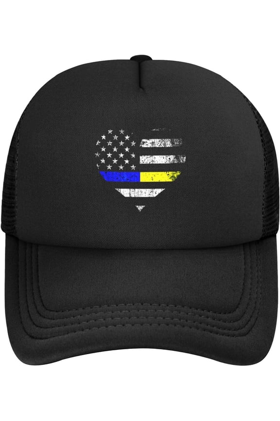 Police Dispatcher Gift - Thin Blue Gold Line Flag Heart Mesh Baseball Cap Dad Hat Trucker Hat for Women Men,Black