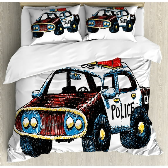 Police Duvet Cover Set, Cartoon Hand Drawn Police Car Unusual Design with Sketchy Coloring Print, Decorative 3 Piece Bedding Set with 2 Pillow Shams, Calking Size, Red Yellow and Blue, by Ambesonne