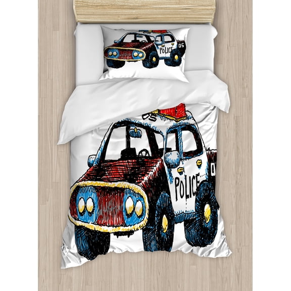Police Duvet Cover Set, Cartoon Hand Drawn Police Car Unusual Design with Sketchy Coloring Print, Decorative 2 Piece Bedding Set with 1 Pillow Shams, Twin Size, Red Yellow and Blue, by Ambesonne
