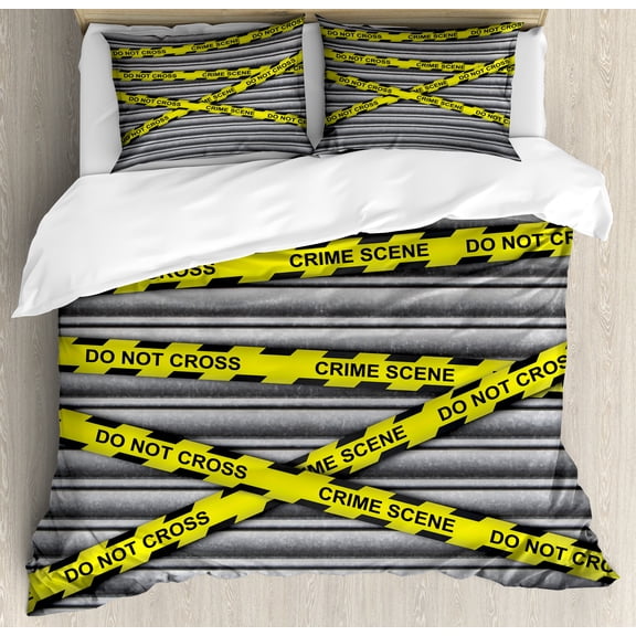 Police Duvet Cover Set, Crime Scene Investigation Do Not Pass Yellow Wraps Words Work of Art Print, Decorative 3 Piece Bedding Set with 2 Pillow Shams, Queen Size, Yellow Black Grey, by Ambesonne