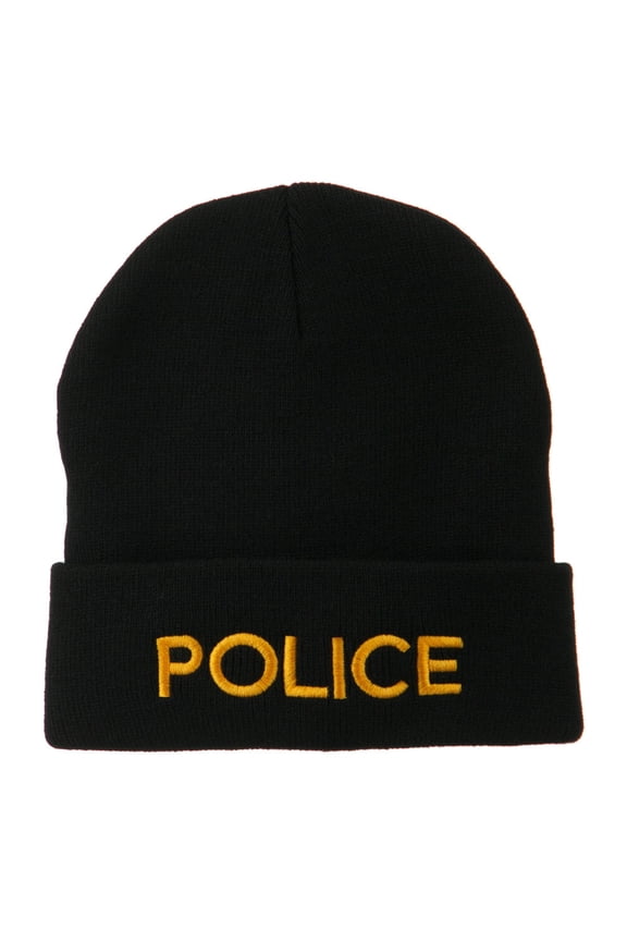 Police Embroidered Long Cuff Beanie - Black OSFM