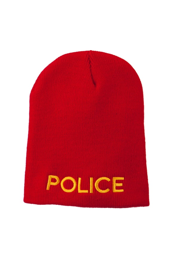 Police Embroidered Short Beanie - Red OSFM