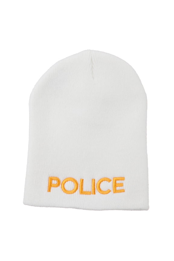 Police Embroidered Short Beanie - White OSFM