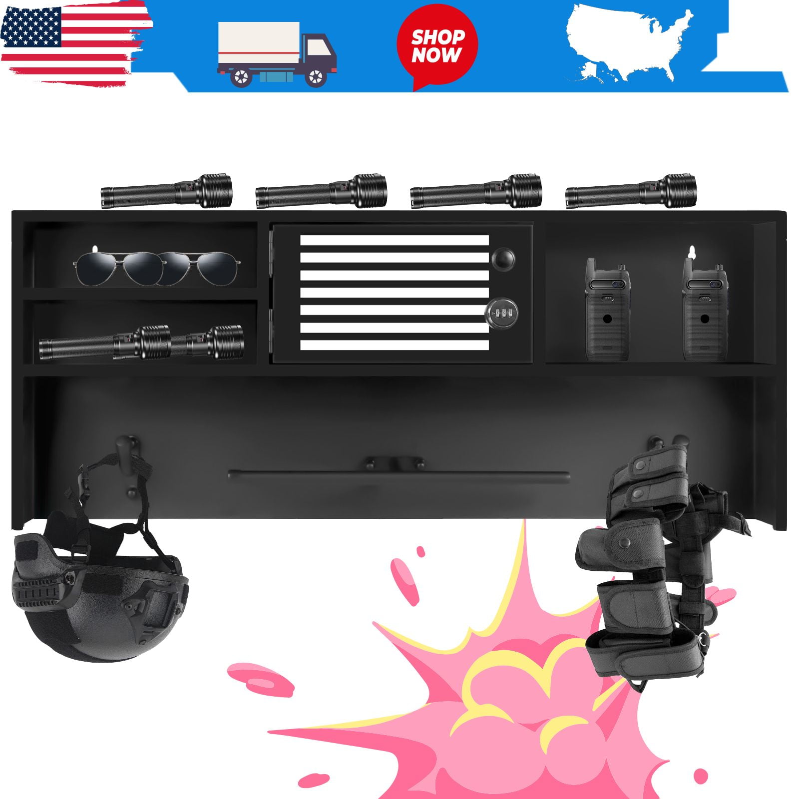 Police Equipment Rack, Police Gear Rack, Police Wall Rack - Metal Black with Hooks, 140 LBS Capacity, Wall Mounted for Police Academy Graduation Gift