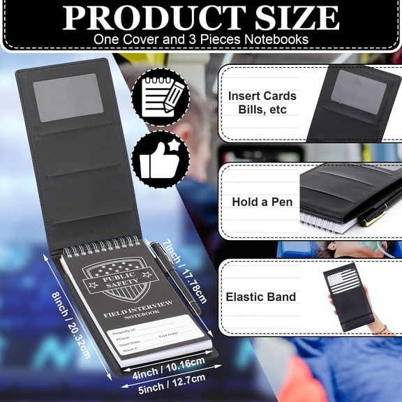 Police Field Interview Notepad Set with PU Leather Cover 3 Pack 70 Sheets 4 x 8 Inch