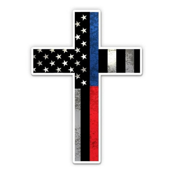 Police Firefighter Cross American Flag Subdued - 5" Vinyl Sticker - For Car Laptop I-Pad - Waterproof Decal