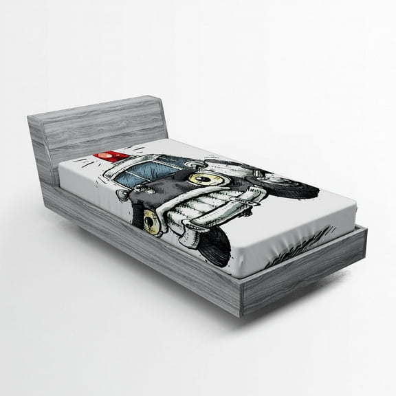 Ambesonne Cartoon Fitted Sheet, Police Car Art Image, Twin XL Size, Black and White