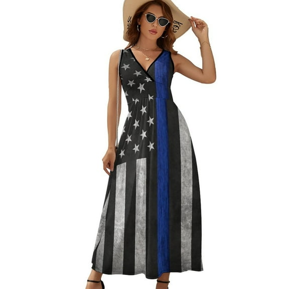 Police Flag Dress Fashion Boho Beach Long Dresses Female Party Printed Maxi Dress