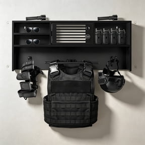 Police Gear Rack, 35.5 in Metal Tactical Duty Rack with Hooks & Combination Lock, Thin Blue Line Flag Wall - Mounted for Home Locker Room Pantry Corner Organizer Space