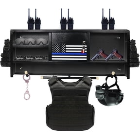 FEBTECH Police Gear Rack - Heavy Duty Tactical Gear Wall Mount Warrior Rack Law Enforcement, All Iron Black Tactical Traps Gun Shelf With 4 Hooks
