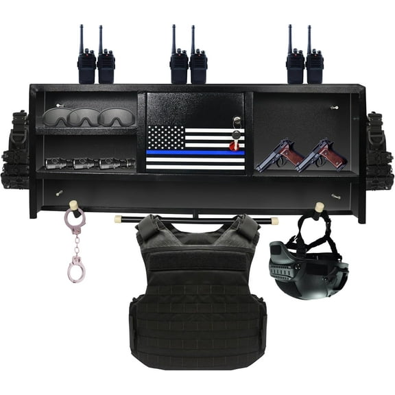 FEBTECH Police Gear Rack - Heavy Duty Tactical Gear Wall Mount Warrior Rack Law Enforcement, All Iron Black Tactical Traps Gun Shelf With 4 Hooks
