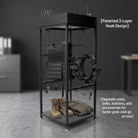Police Gear Stand, Heavy Duty Tactical Duty Gear Rack with 3 Hooks, Free-Standing All Metal Frame Police Gift Decor , Black Powder-Coated, Come Home Safe