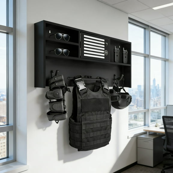 Police Gear Stand, Police Gear Rack, Tactical Gear Racks - Black Wall Mounted with Combination Lock, 1 Shelf, 140 LBS Capacity for Security Department