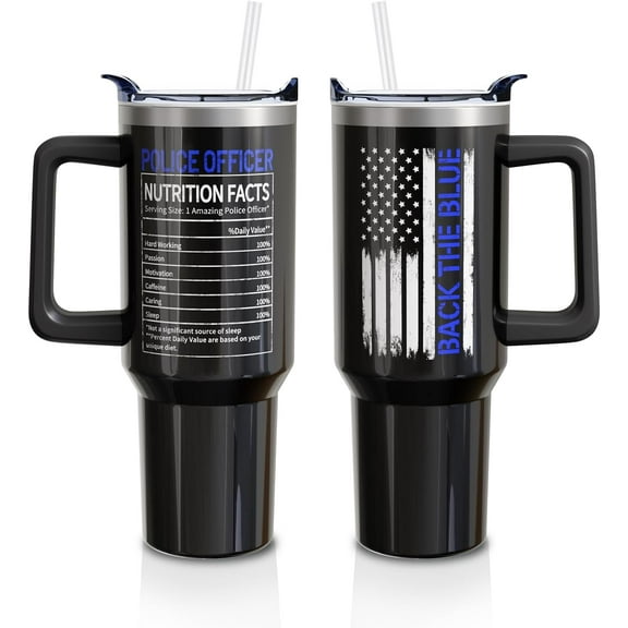 Police Gifts 40oz Tumbler with Handle and Lid Straw, Stainless Steel Double Walled Vacuum Insulated Cup, Police Officer Retirement Graduation Birthday Gifts for Men Boys (1PC)
