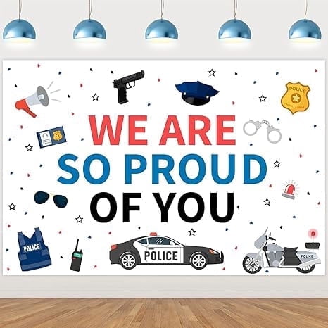 Police Graduation Backdrop, Police Theme We are So Proud of You Backdrop Banner, Police Retirement Academy Officer Birthday Party Decoration Photography Background