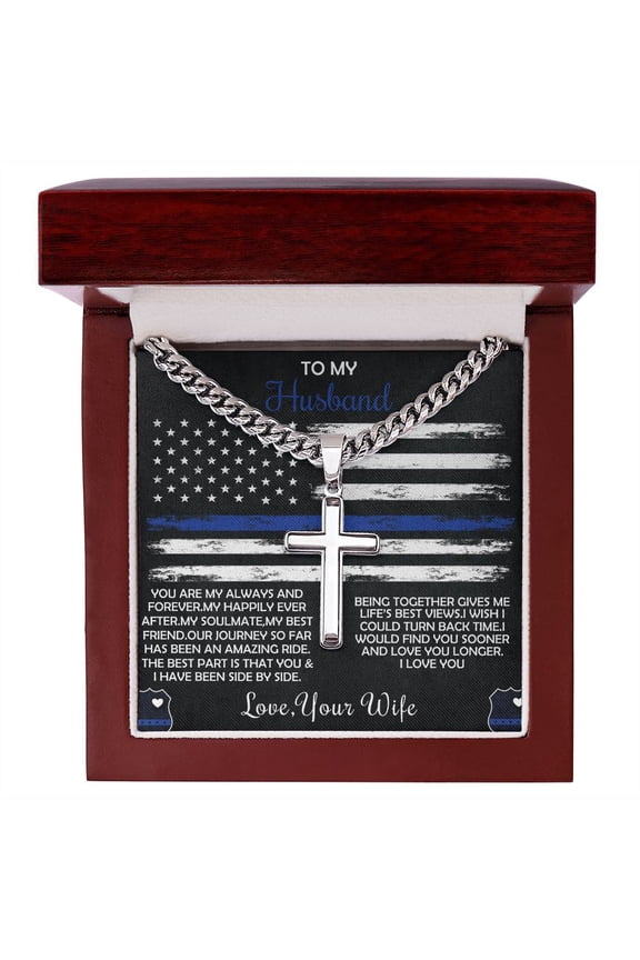 Police Husband Cross Necklace From Wife- Police Husband Anniversary Gift- Police Husband Birthday Gift- Gift For Police Husband From Wife - Cuban Link Chain with Artisan Cross