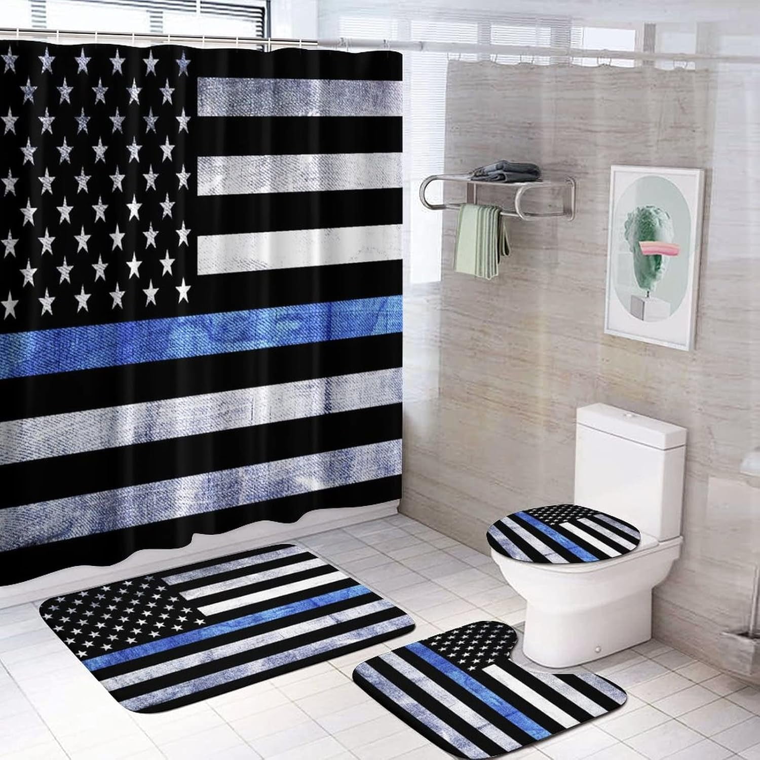 A Police and Law Enforcement Support Flag Background 4Pcs Shower Curtains Set with 12 Hooks Set with Non-Slip Rug Toilet Lid Cover and Bath Mat Curtain Set for Bathroom Decor