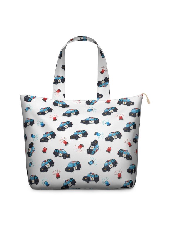 Police and Light Red Pattern Weekend Tote Bag, Work School Tote Bag with Inner Zip Pocket, Heavy Load Bearing Gift Ideas for Outdoor Weekend Trips,22 X 12 X 18 Inches