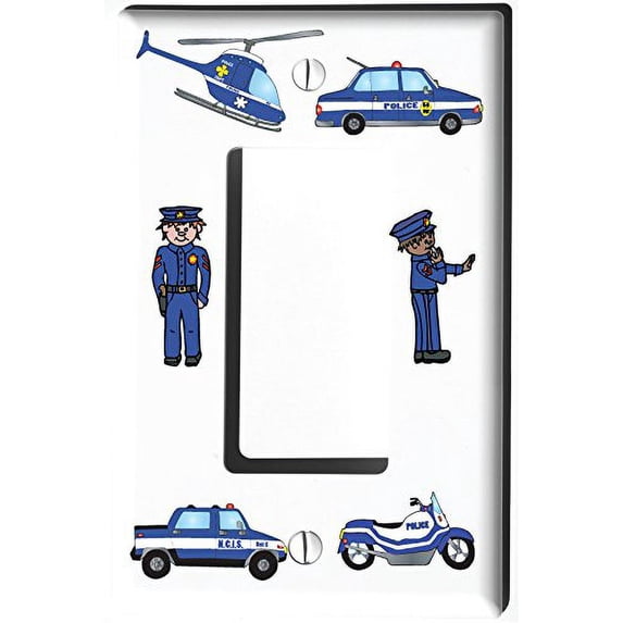 Police Light Switch Plate and Outlet Covers/Police Men, Trucks, Cars, Helicopter, and Motorcycle Children's Room Wall Decor