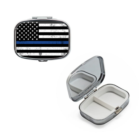 Police Lives Matter Thin Blue Line Daily Pocket Travel Sized Pill Box Case with Divider (Rectangular-2 Section)
