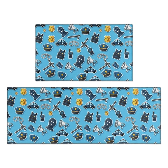 Police and Megaphone Blue Pattern Anti Fatigue Kitchen Rugs Set Of 2, Non Slip Washable Decorative Floor Mats for Kitchen Sink Laundry, 17"x30" and 17"x47"