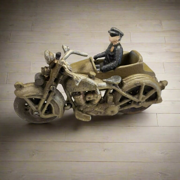 Police Motorcycle Side Car Cast Iron with Movable Wheels & Painted Antique Finish (8" x 5")