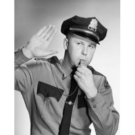 Police Officer Blowing A Whistle & Making A Stop Gesture Poster Print - 18 x 24
