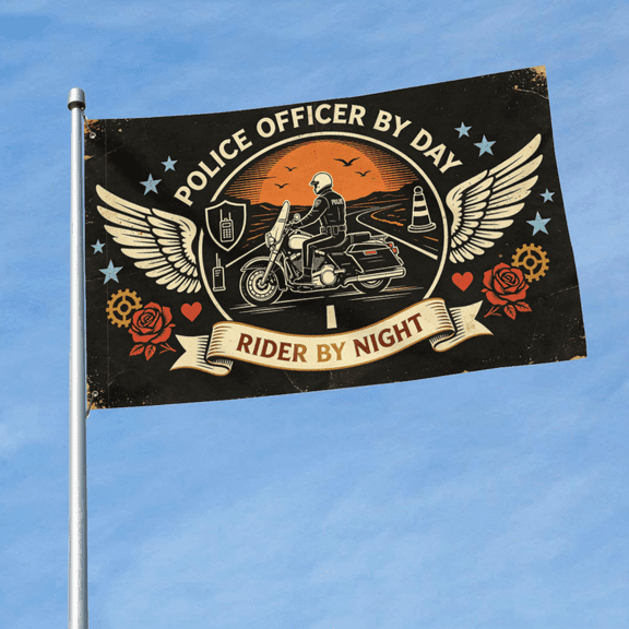 Police Officer By Day Rider By Night Flag 3x5 Ft 3-Ply Double Sided Vintage Cop Biker Banner, Retro Sunset Motorcycle Rose Wing Decor for Garage Lawn Patio, Law Enforcement & Rider Gift
