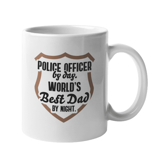Police Officer By Day World's Best Dad By Night. Coffee & Tea Gift Mug For Policemen, Patrol Man, Detectives, Investigators, Cops Or Arresting Officers Who Are Fathers (11oz)