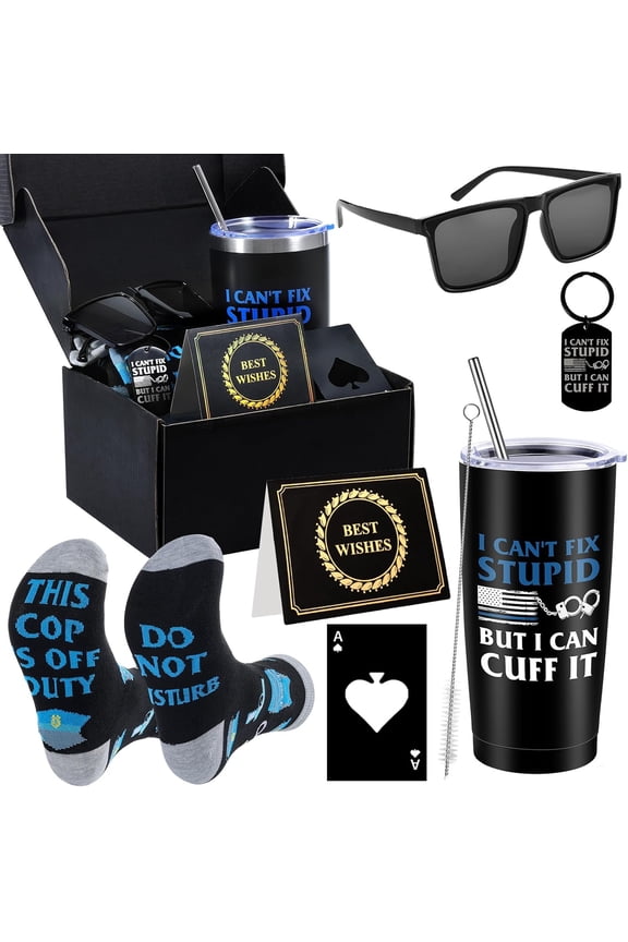Police Officer Gift Set For Men Law Enforcement Tumbler Socks Keychain Bottle Opener Sunglasses Thank You Card Gift Box For Christmas Academy Graduation Retirement Appreciation