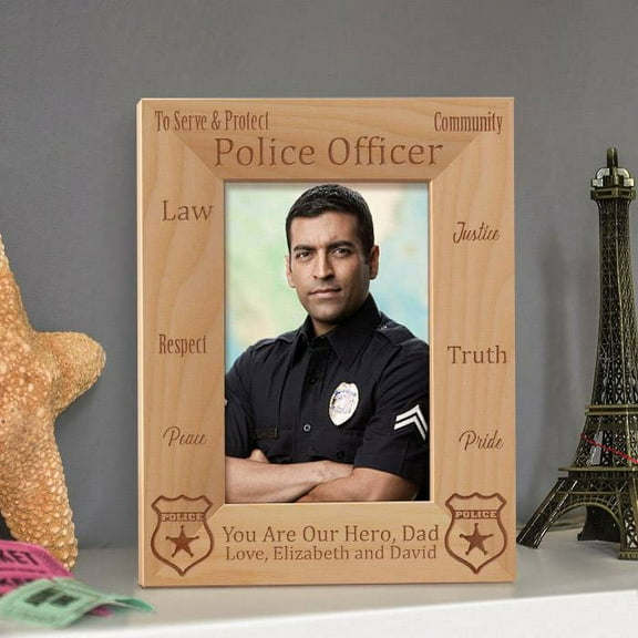 Police Officer Personalized Wooden Picture Frame 4" x 6" Brown (Vertical)
