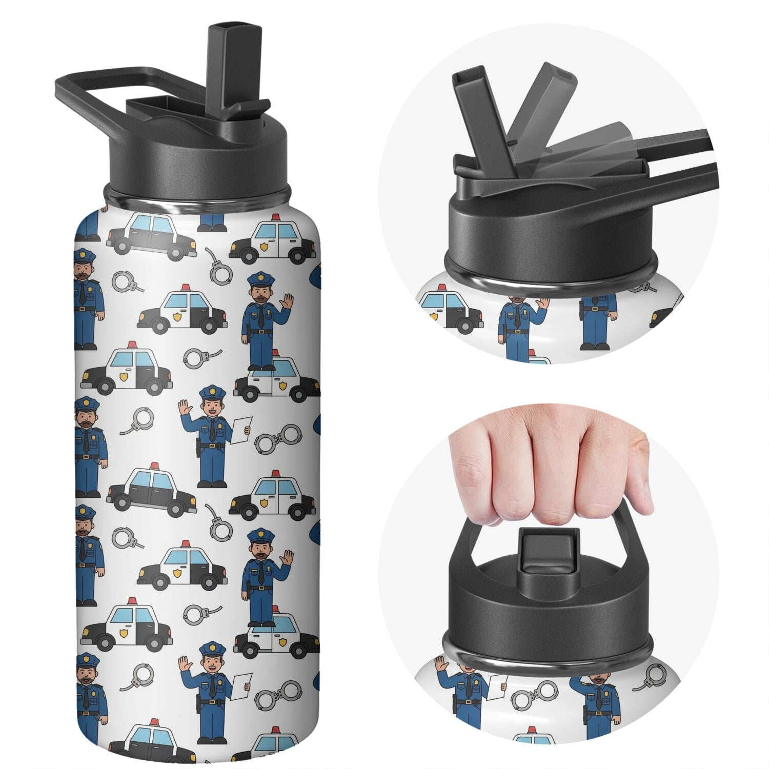 Police and Officer White Pattern Insulated Water Bottle with Straw ...