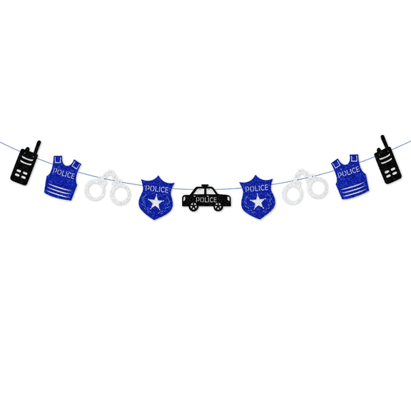 Police Party Garland Banner, Glitter Blue and Black, Badge Car Handcuffs Vest Theme Decoration
