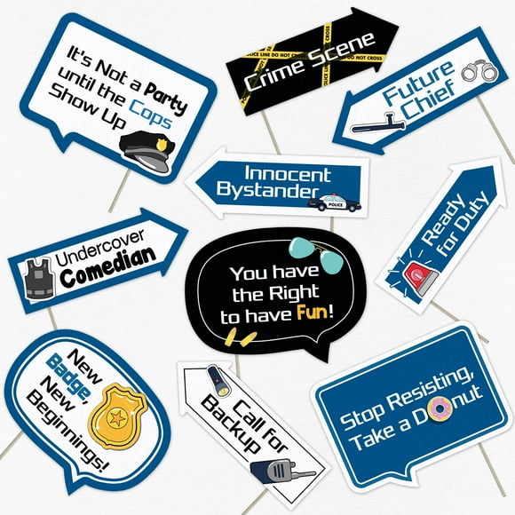 Police Party Photo Booth Kit - Police Academy Graduation Party Decorations - Selfie Props with Sticks - 10pcs