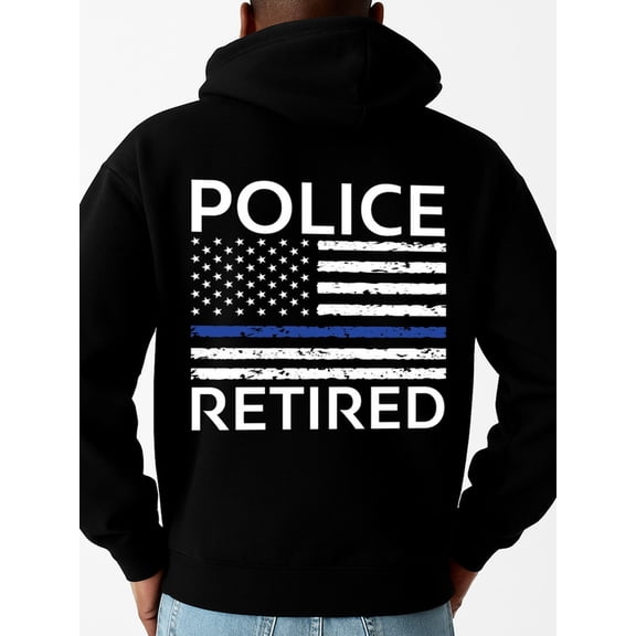 Police Retired Flag Funny Men's Hooded Sweatshirt - Black Machine Washable, Everyday Styling, Vintage Halloween