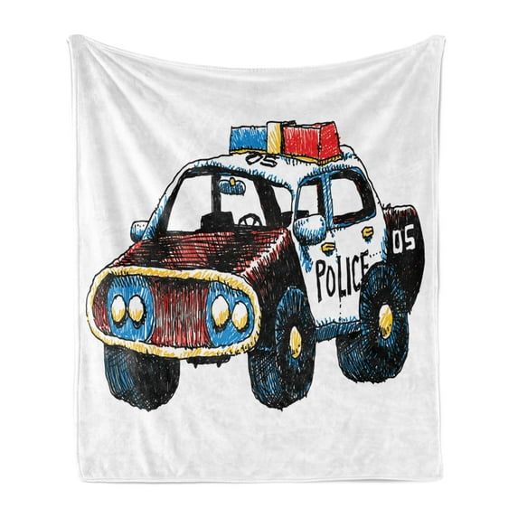 Police Soft Flannel Fleece Throw Blanket, Cartoon Hand Drawn Police Car Unusual Design with Sketchy Coloring Print, Cozy Plush for Indoor and Outdoor Use, 70" x 90", Red Yellow and Blue, by Ambesonne