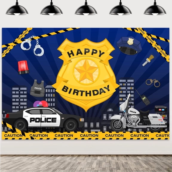 Police Theme Birthday Party Background Props for Boy, Black, Blue, Yellow, Police Car Banner, Background Cloth