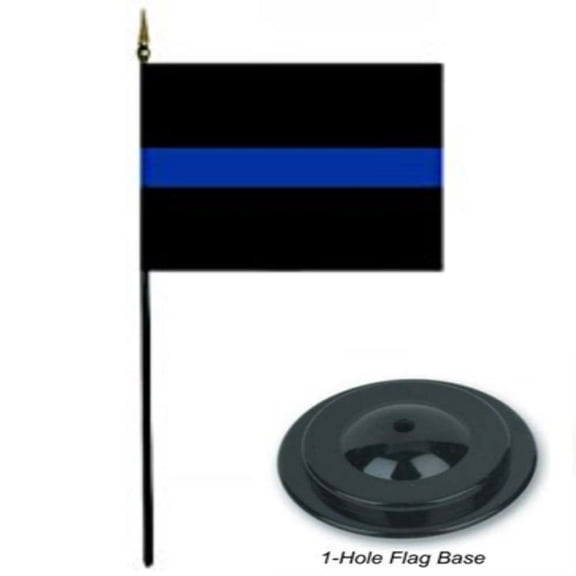Police Thin Blue Line Flag 4"x6" Desk Set Table Stick Black Base
