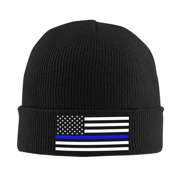 Police Thin Blue Line Flag Beanie Hat Knit Hat Skull Cap for Men Women Winter Hat Black