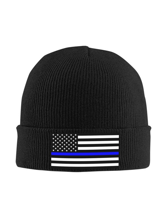 Police Thin Blue Line Flag Beanie Hat Knit Hat Skull Cap for Men Women Winter Hat Black