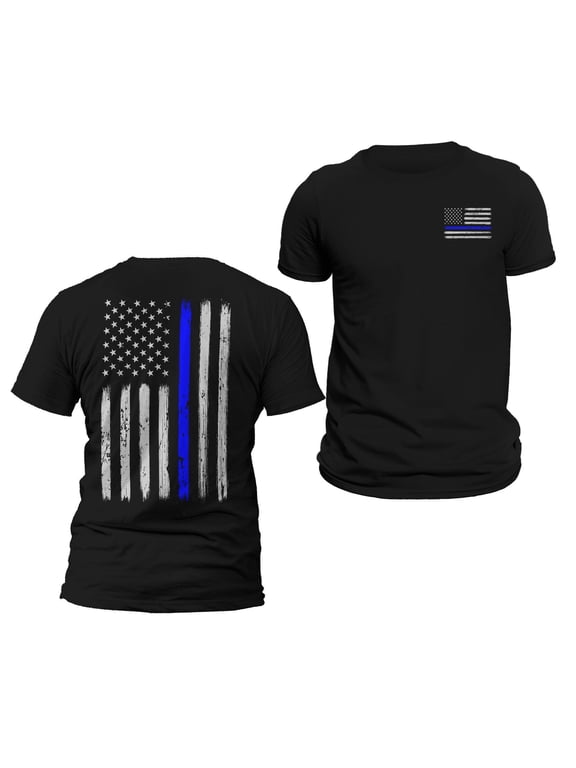 Police Thin Blue Line Flag Front & Back Print Vertical Brushed Design T-Shirt